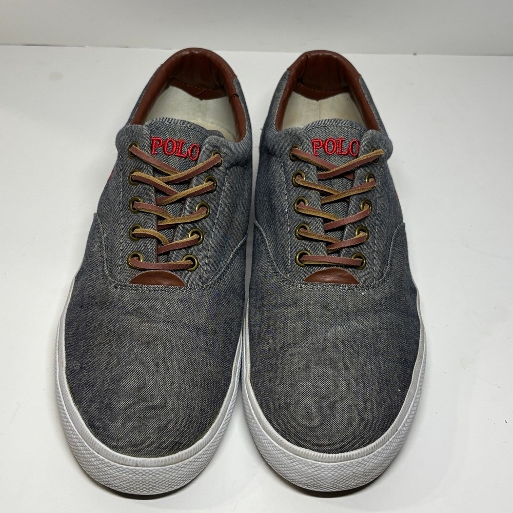 Polo Ralph Lauren Vito Mens 11D Grey Chambray Leather Trim Sneakers‎ Low Shoes - Picture 3 of 9